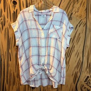 True Craft Linen Blend White Button-Front Tie Hem Top with Pink & Blue Stripes.